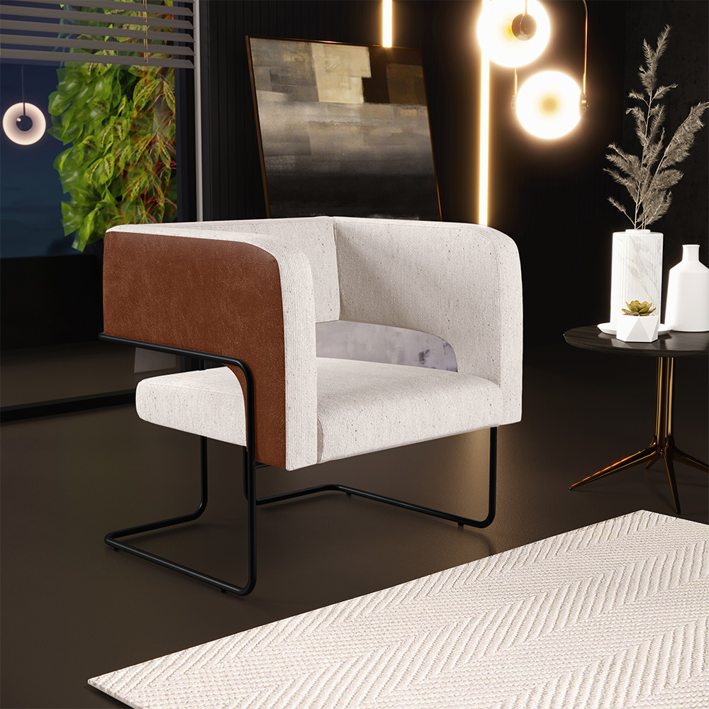 Kit 02 Poltronas Scarlett D02 Base Aço Preto Couríssimo Marrom B-38 Linho Cru C-443 - Lyam Decor