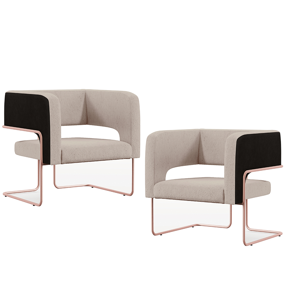 Kit 02 Poltronas Scarlett D02 Base De Aço New Cobre Corano Preto C-05 Linho Bege C-107 - Lyam Decor