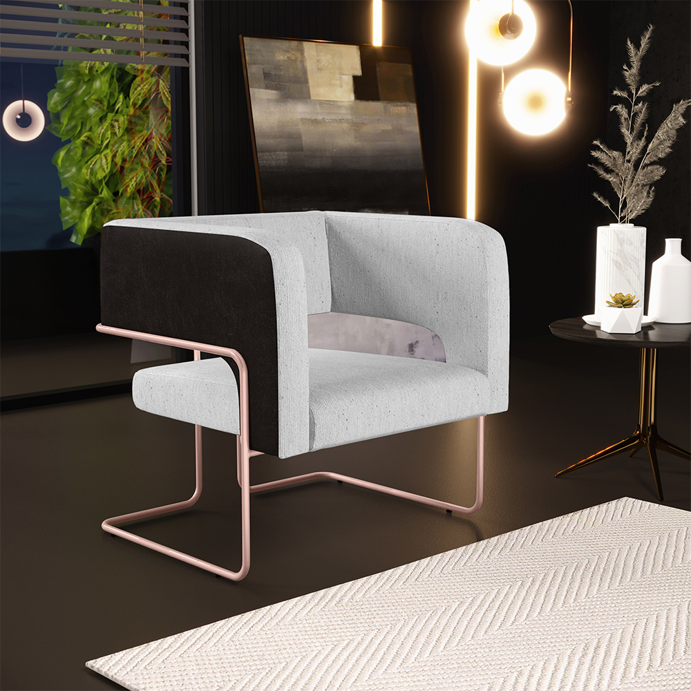 Kit 02 Poltronas Scarlett D02 Base De Aço New Cobre Corano Preto C-05 Linho Cinza D-315 - Lyam Decor