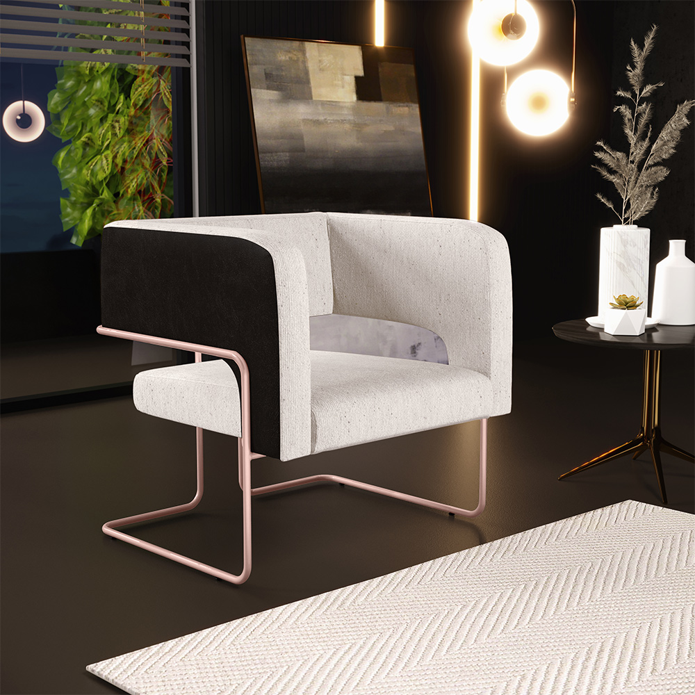 Kit 02 Poltronas Scarlett D02 Base De Aço New Cobre Corano Preto C-05 Linho Cru C-443 - Lyam Decor