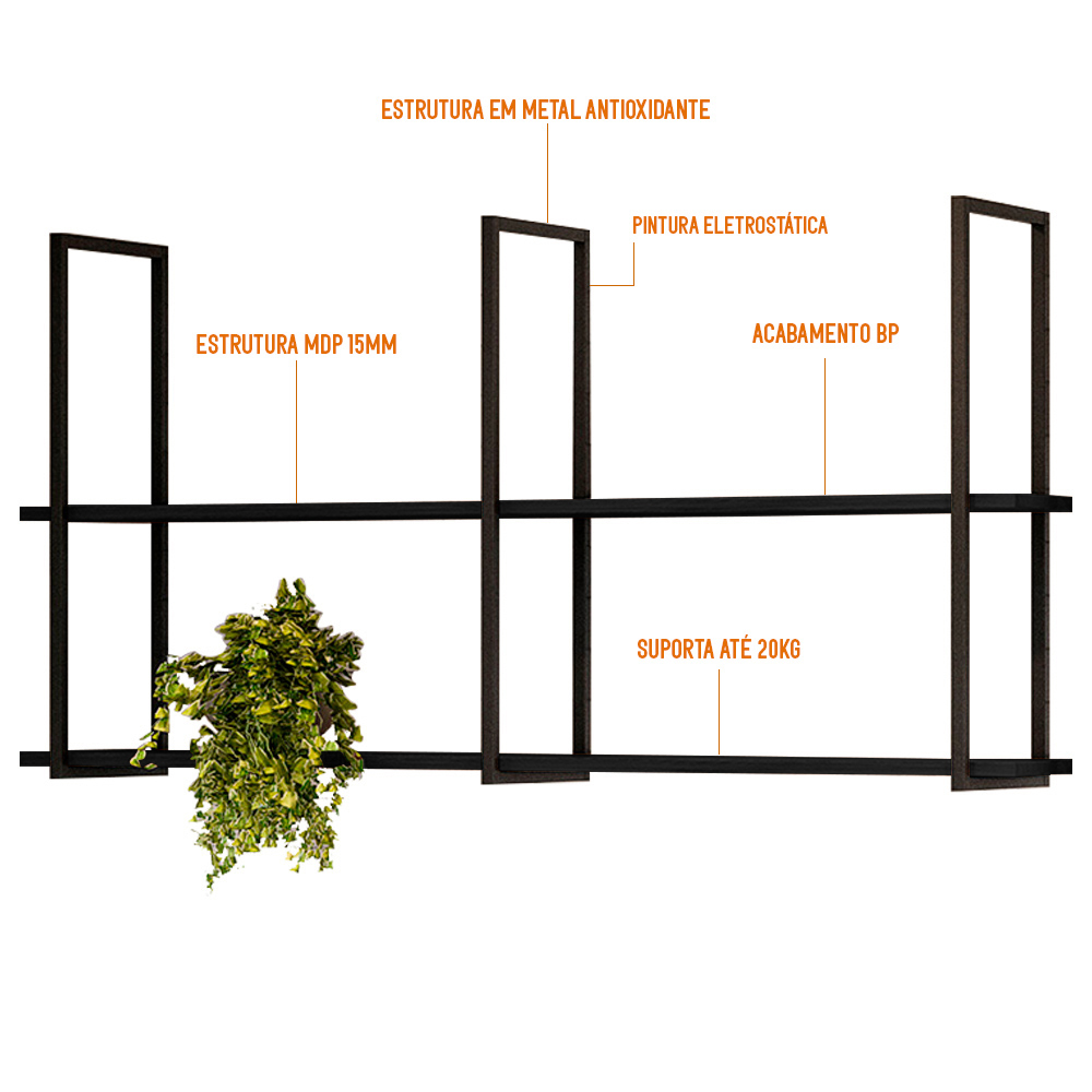 Kit 02 Prateleiras Decorativas Industrial Multiuso 135cm Design D01 Preto - Lyam Decor