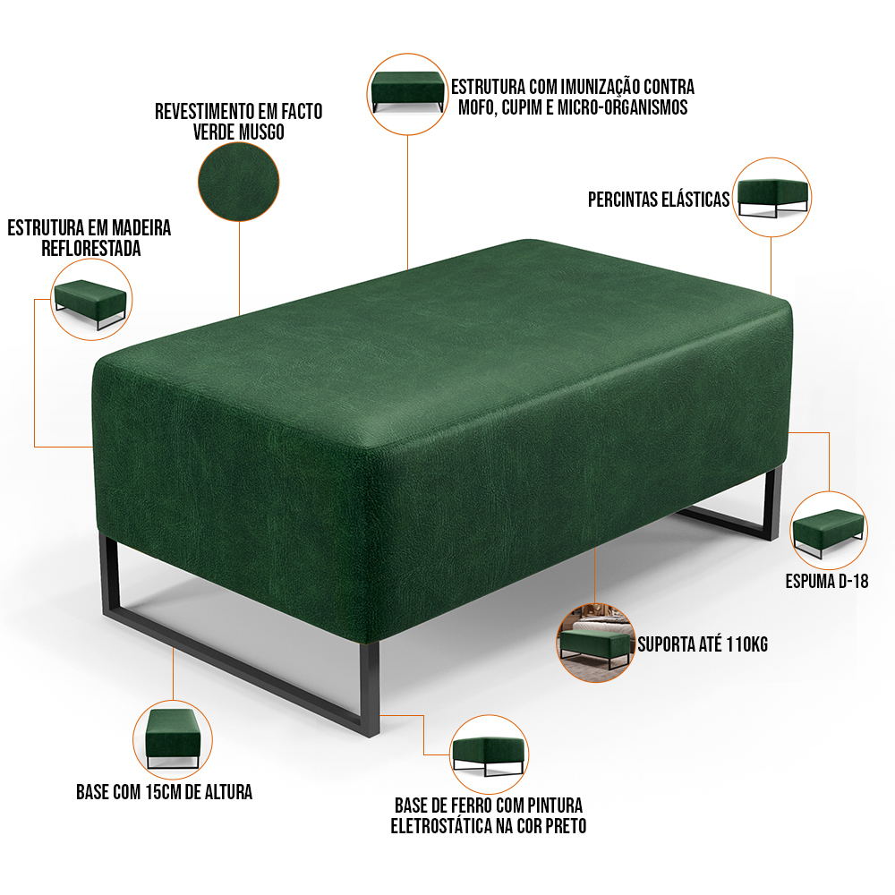 Kit 02 Puff Decorativo Para Sala De Estar Cléo W01 Base de Ferro 90cm Facto Verde Musgo - Lyam Decor