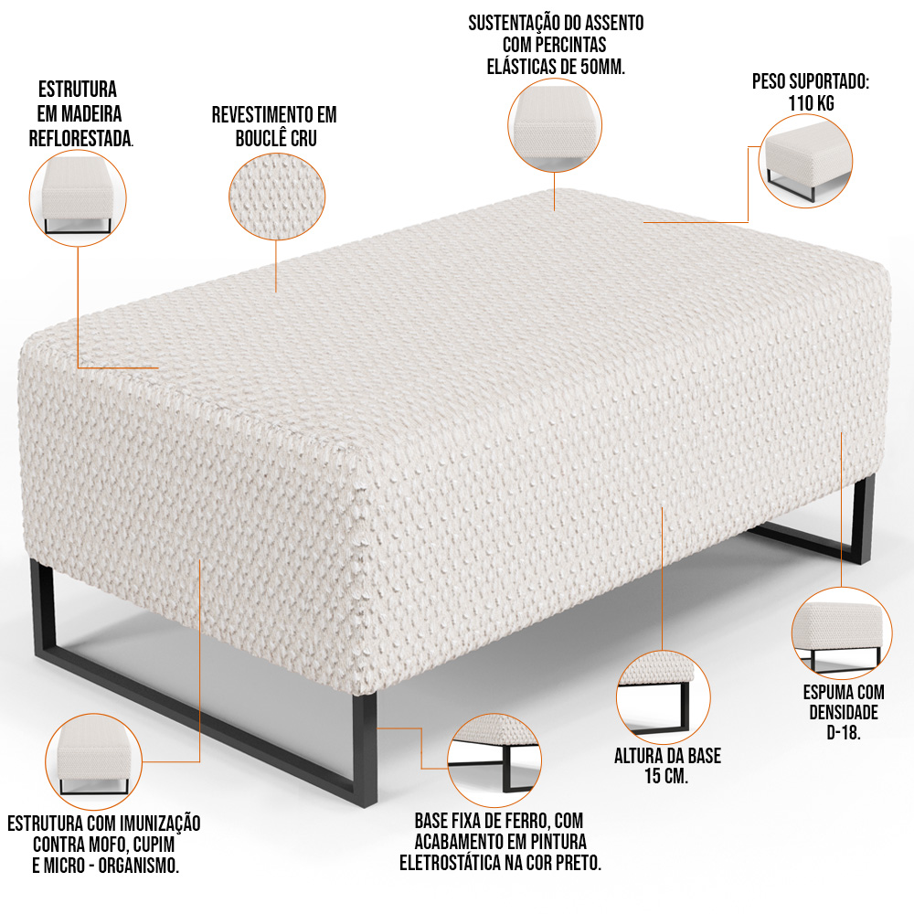 Kit 02 Puff Decorativo Para Sala de Estar Cléo Base de Ferro Preto 90 cm W01 Bouclê Cru - Lyam