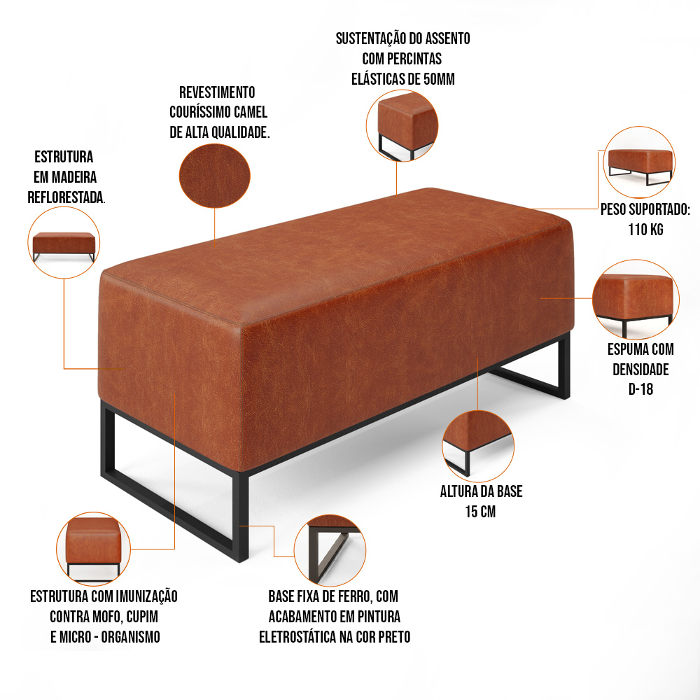 Kit 02 Puff Decorativo Para Sala de Estar Cléo W01 Base de Ferro 90 cm Couríssimo Camel - Lyam Decor