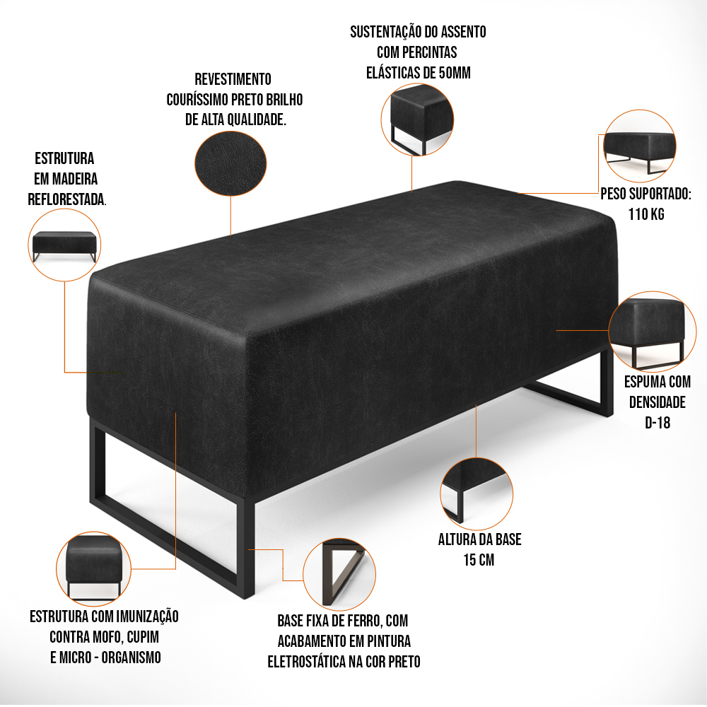Kit 02 Puff Decorativo Sala Estar Cléo W01 Base de Ferro 90cm Couríssimo Preto Brilho - Lyam Decor