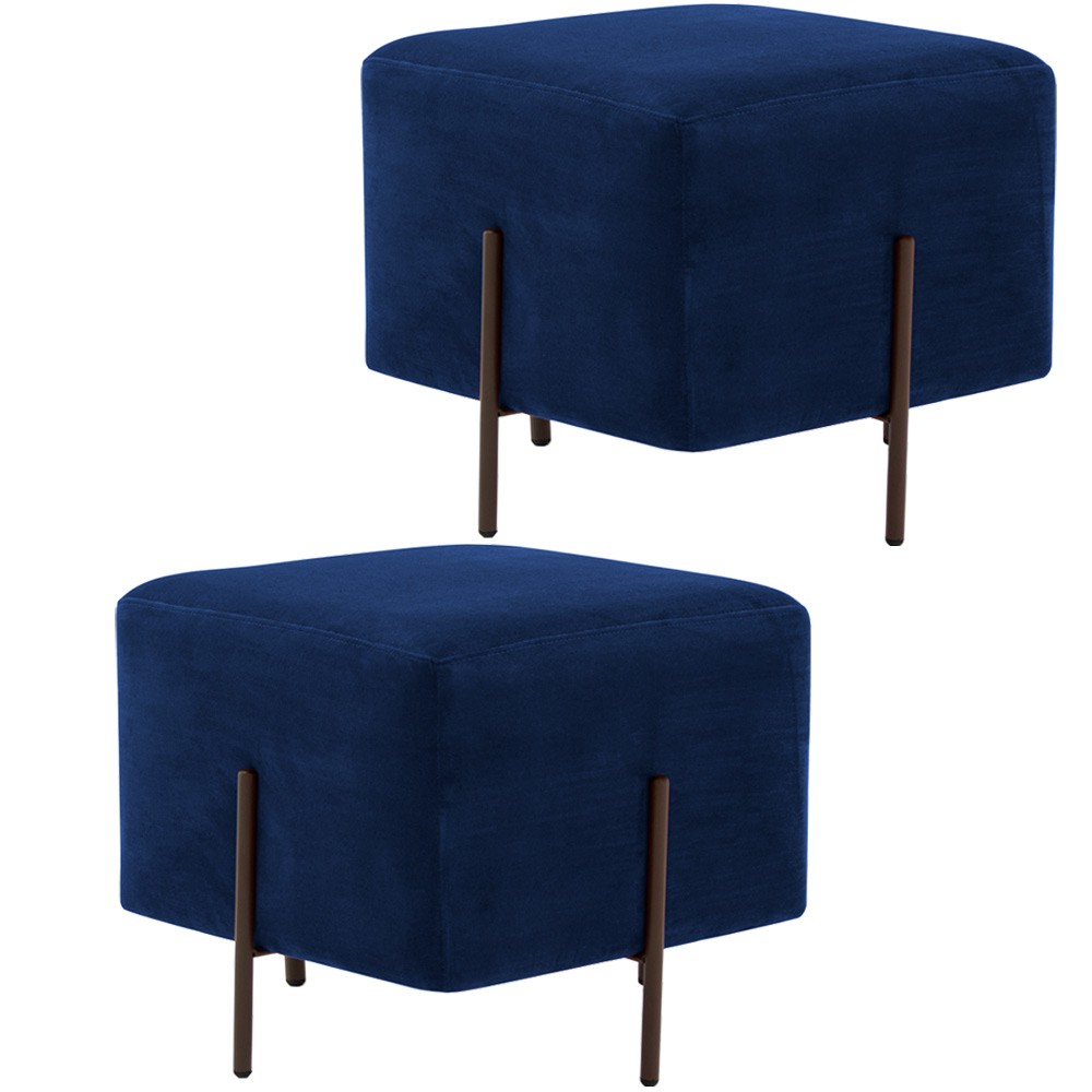 Kit 02 Puff Quadrado Decorativo Status 45x45 D02 Pés de Aço Veludo Azul Oxford C-304 - Lyam Decor