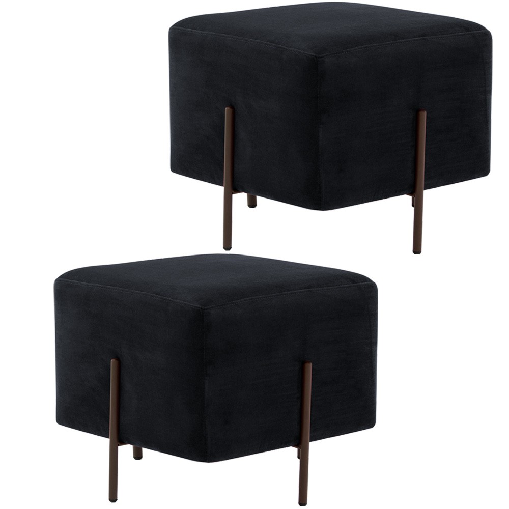 Kit 02 Puff Quadrado Decorativo Status 45x45 D02 Pés de Aço Veludo Preto C-300 - Lyam Decor