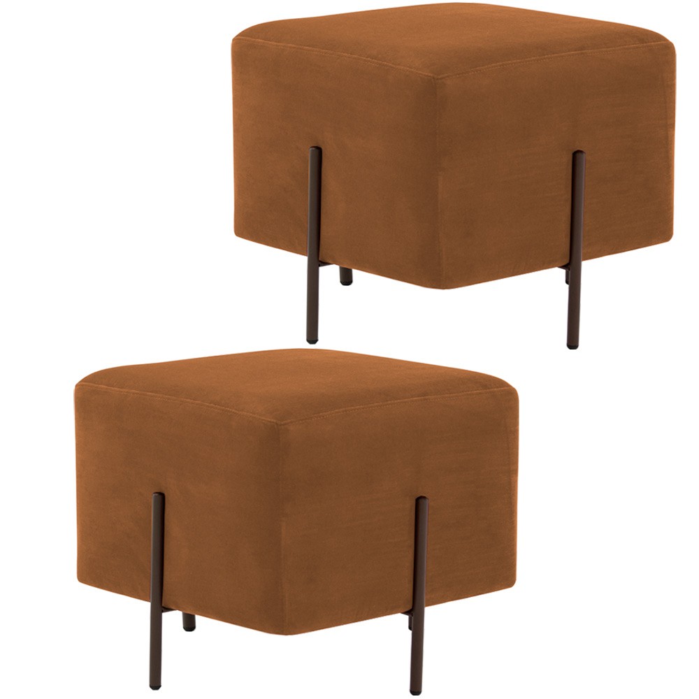 Kit 02 Puff Quadrado Decorativo Status 45x45 D02 Pés de Aço Veludo Telha C-262 - Lyam Decor
