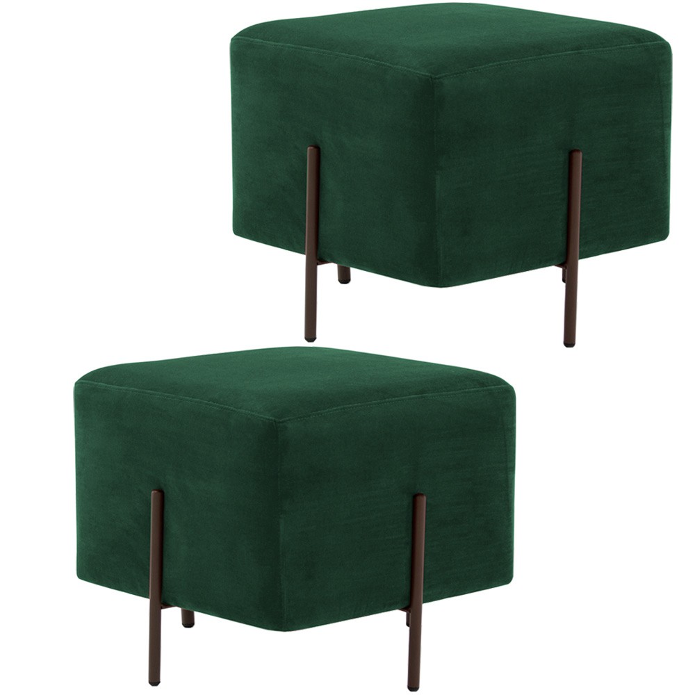 Kit 02 Puff Quadrado Decorativo Status 45x45 D02 Pés de Aço Veludo Verde C-303 - Lyam Decor