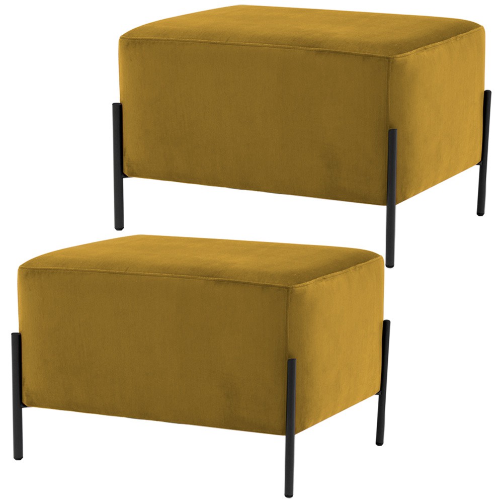Kit 02 Puff Retangular Decorativo Status 60x45 D02 Pés de Aço Veludo Mostarda C-279 - Lyam Decor