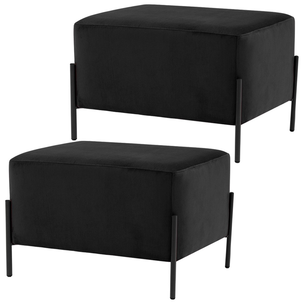 Kit 02 Puff Retangular Decorativo Status 60x45 D02 Pés de Aço Veludo Preto C-300 - Lyam Decor