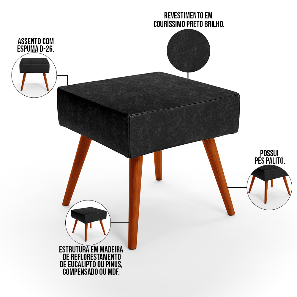 Kit 02 Puffs Banqueta Decorativa Com Pés Palito Lívia W01 Couríssimo Preto Brilho - Lyam Decor