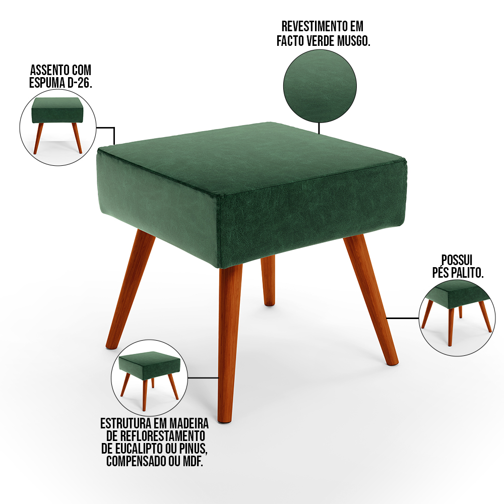 Kit 02 Puffs Banqueta Decorativa Com Pés Palito Lívia W01 Facto Verde Musgo - Lyam Decor