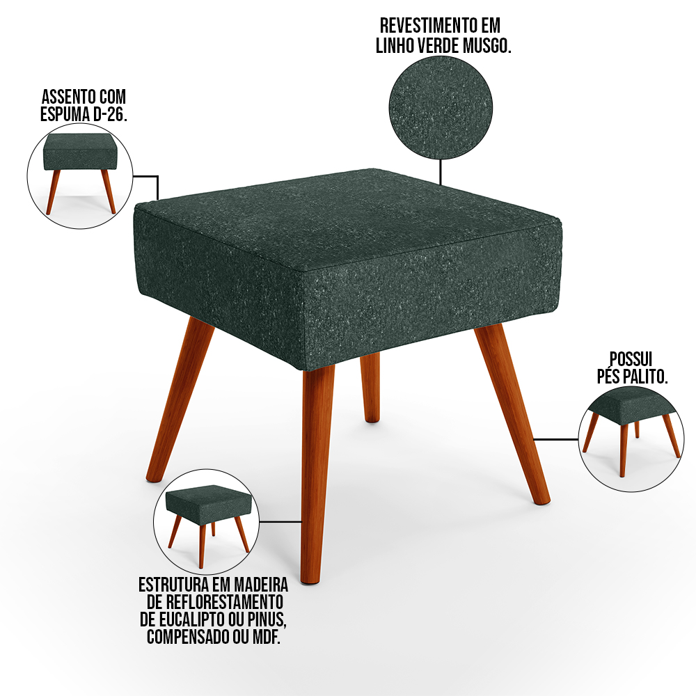 Kit 02 Puffs Banqueta Decorativa Com Pés Palito Lívia W01 Linho Verde Musgo - Lyam Decor