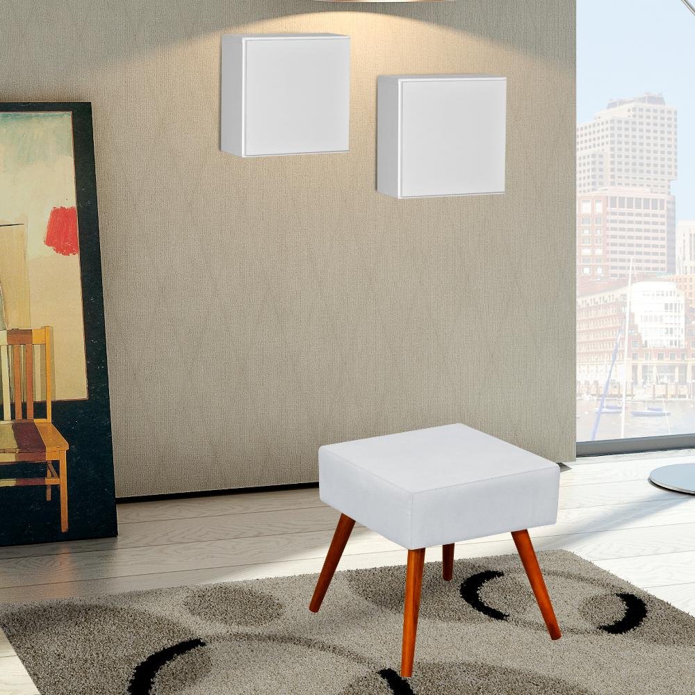 Kit 02 Puffs Banqueta Decorativa com Pés Palito Lívia W01 Corino Branco - Lyam Decor
