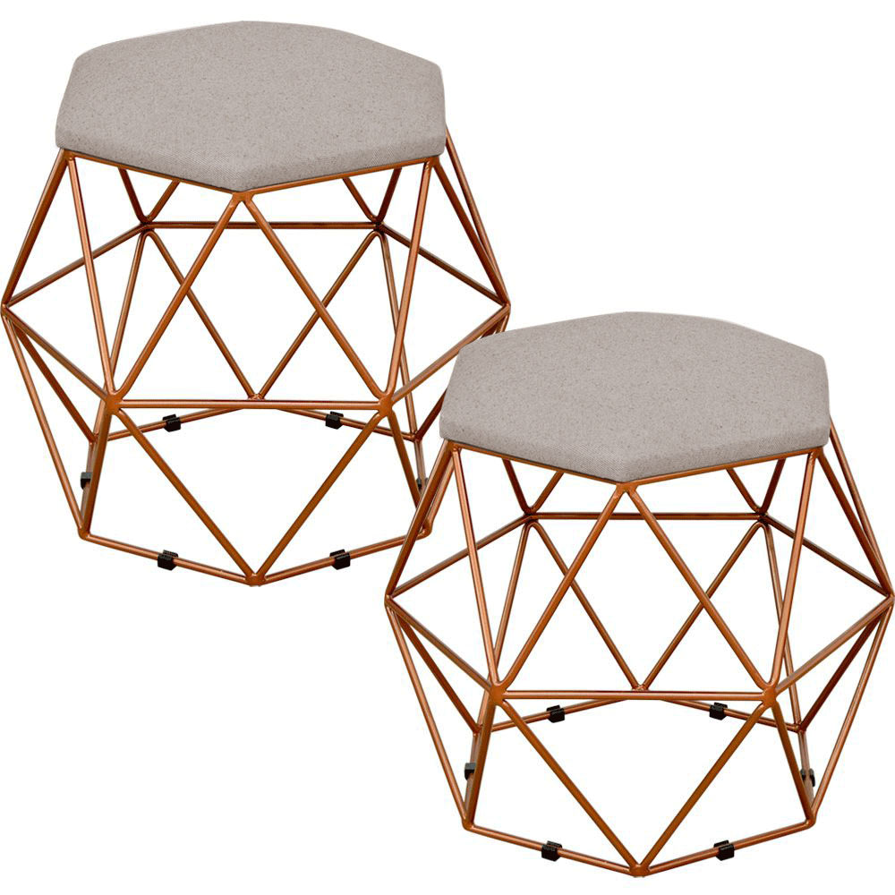Kit 02 Puffs Decorativo Aramado Bronze Six L02 Linho Bege - Lyam Decor