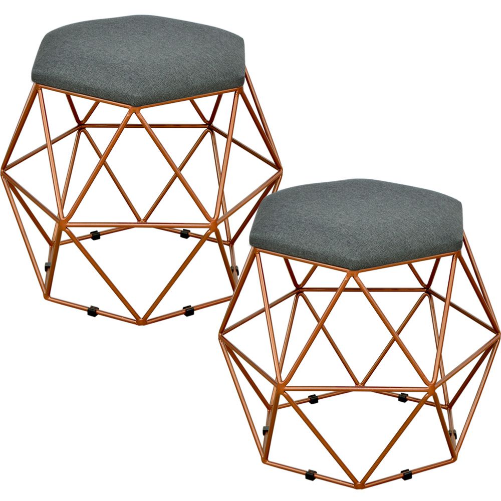 Kit 02 Puffs Decorativo Aramado Bronze Six L02 Linho Chumbo - Lyam Decor