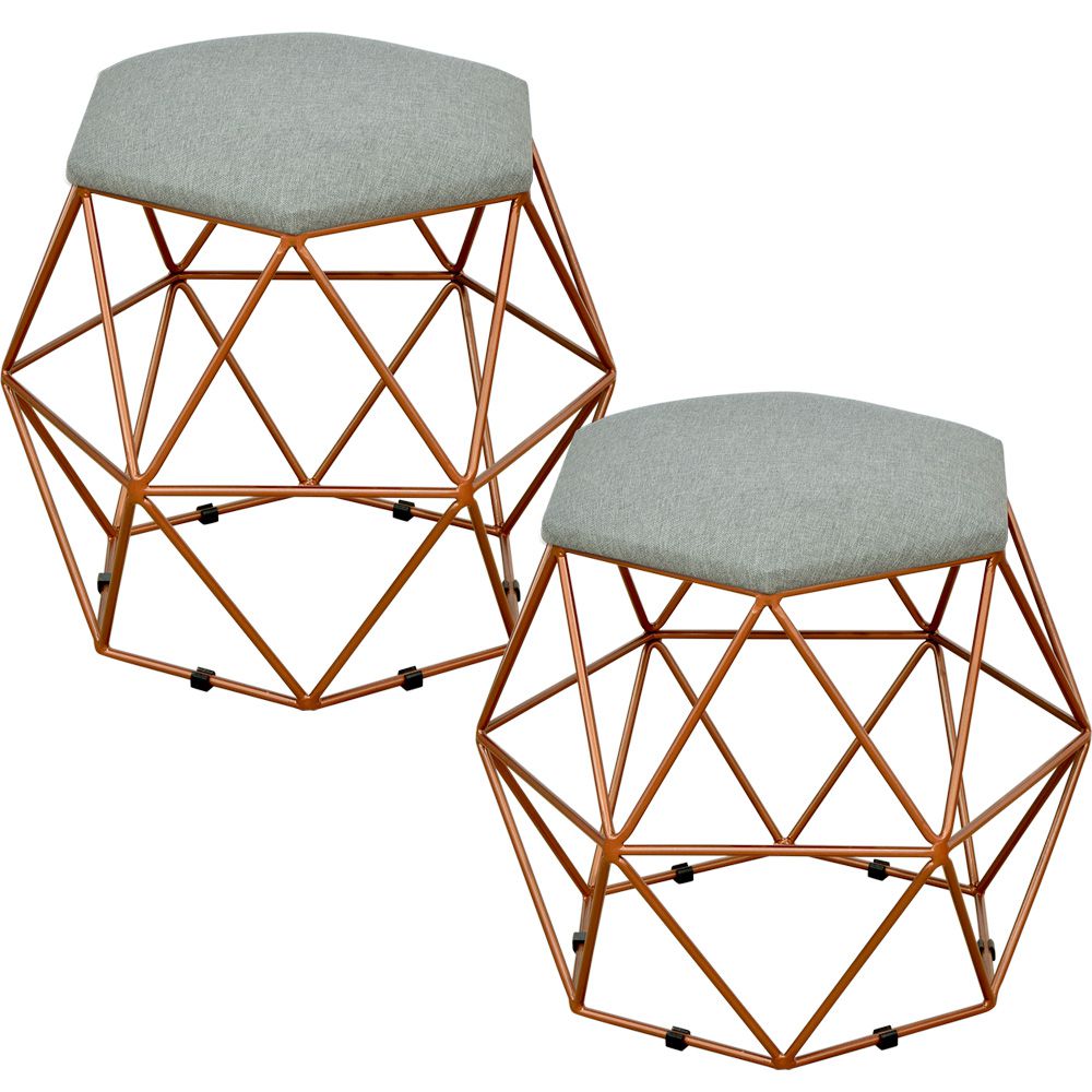 Kit 02 Puffs Decorativo Aramado Bronze Six L02 Linho Cinza Escuro - Lyam Decor