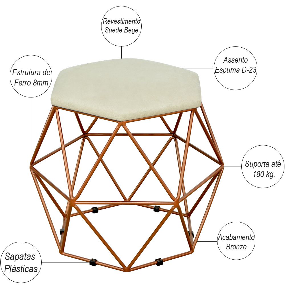 Kit 02 Puffs Decorativo Aramado Bronze Six L02 Suede Bege - Lyam Decor