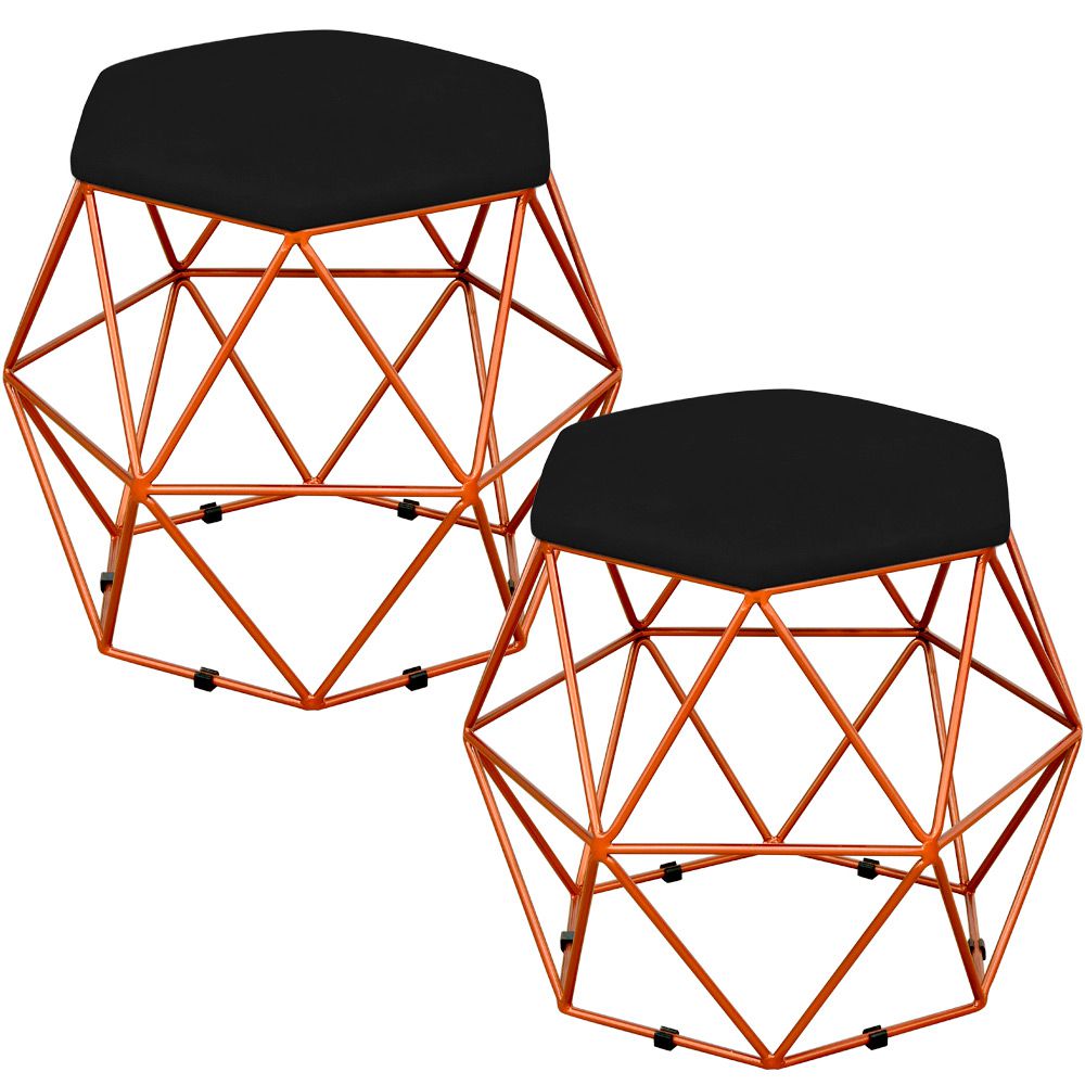 Kit 02 Puffs Decorativo Aramado Bronze Six L02 Suede Preto - Lyam Decor