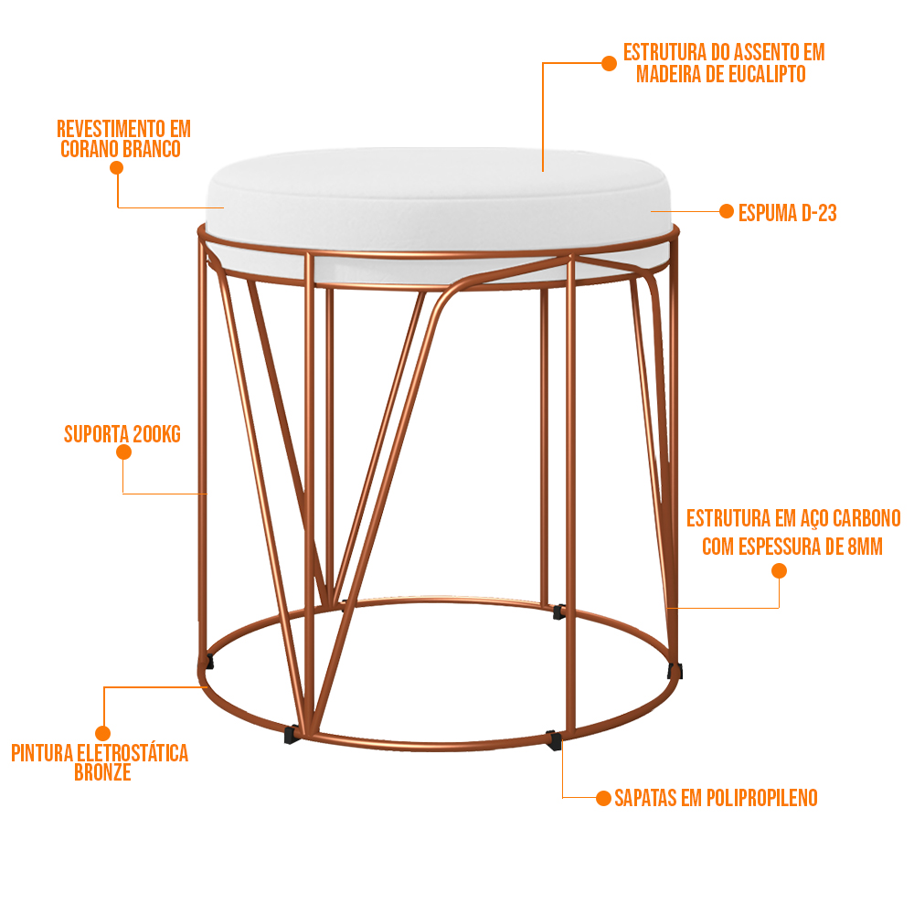 Kit 02 Puffs Decorativo Aramado Bronze Zaya L02 Corano Branco - Lyam Decor