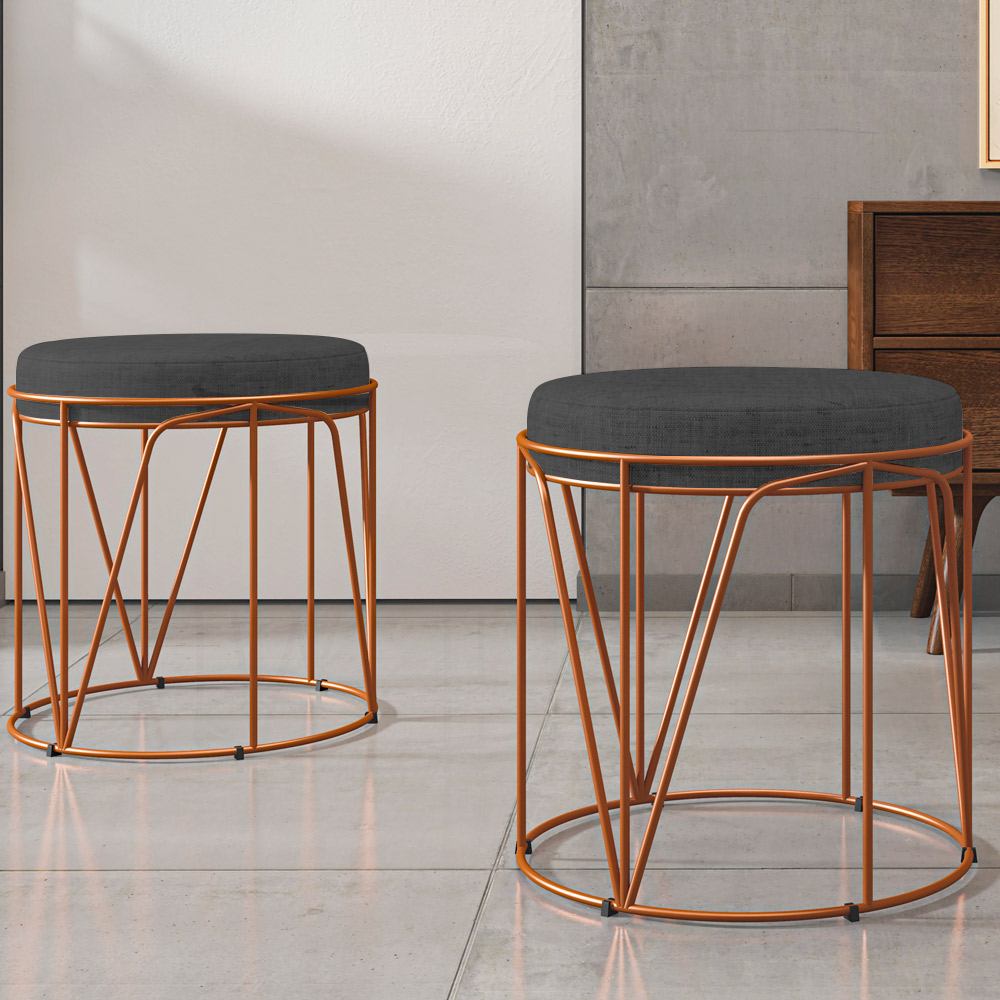 Kit 02 Puffs Decorativo Aramado Bronze Zaya L02 Linho Chumbo - Lyam Decor