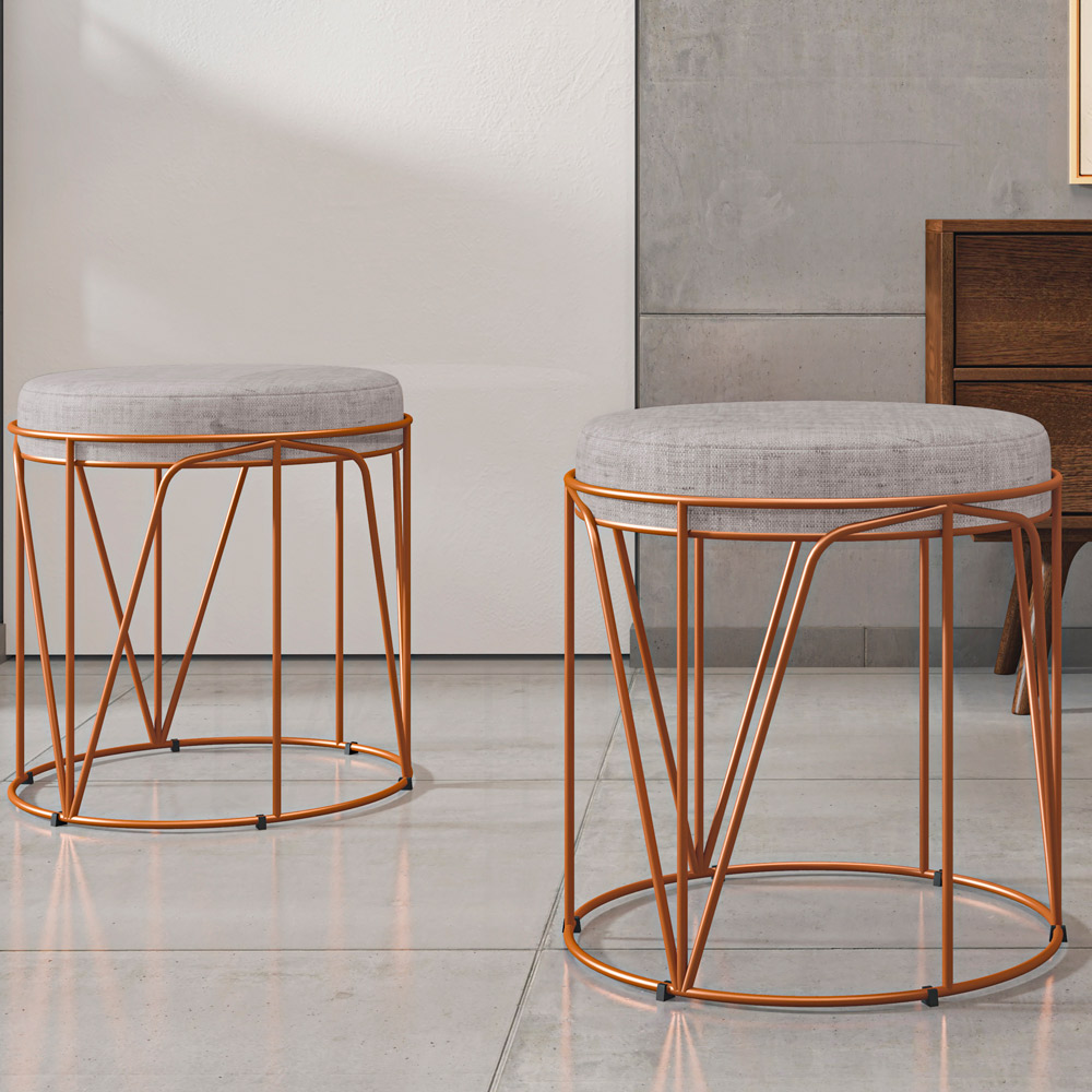 Kit 02 Puffs Decorativo Aramado Bronze Zaya L02 Linho Cinza - Lyam Decor