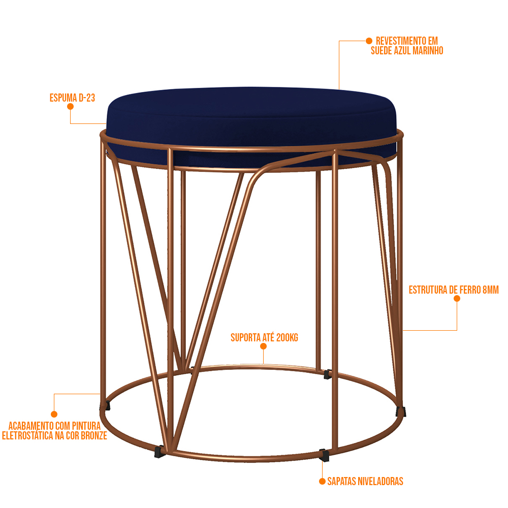Kit 02 Puffs Decorativo Aramado Bronze Zaya L02 Suede Azul Marinho - Lyam Decor