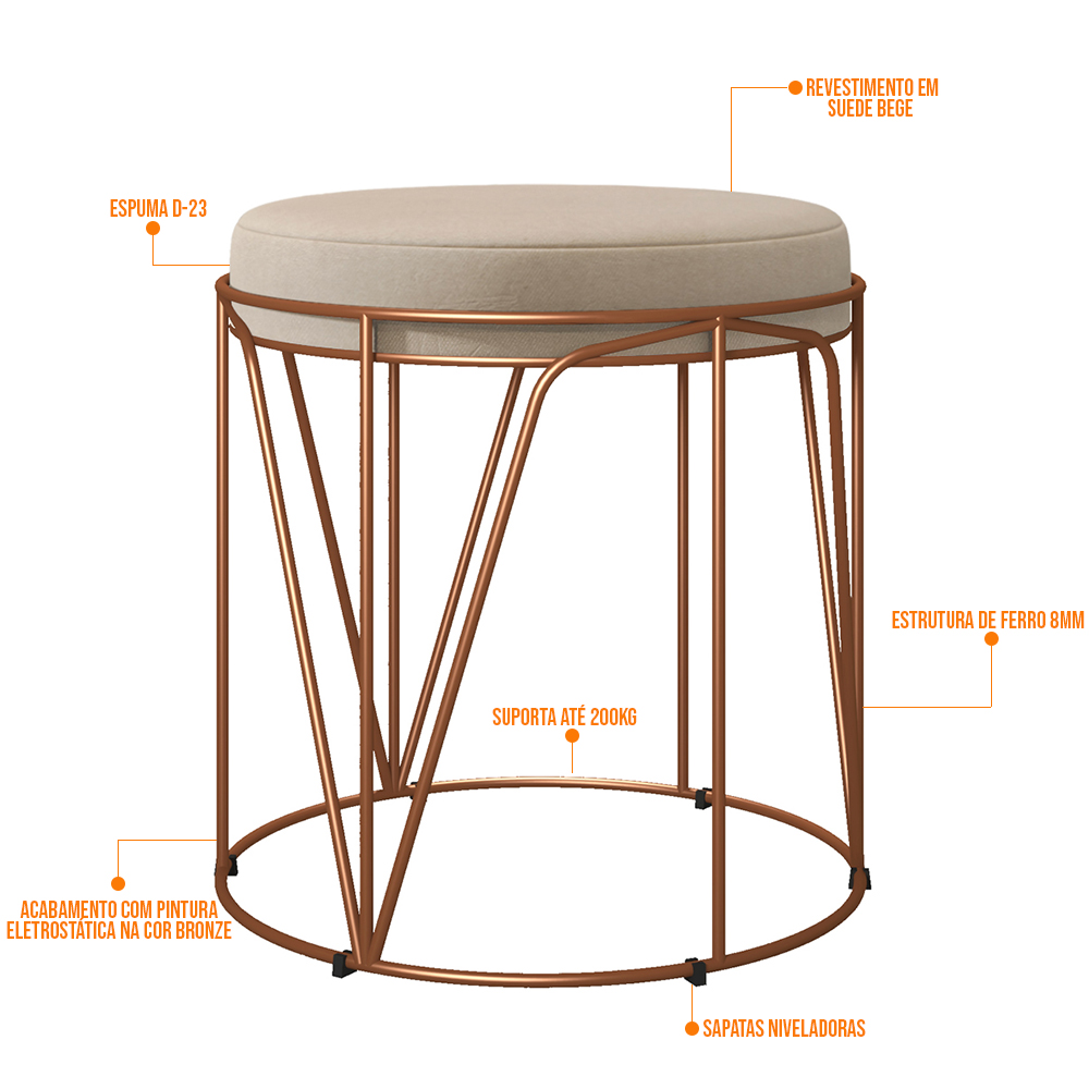 Kit 02 Puffs Decorativo Aramado Bronze Zaya L02 Suede Bege - Lyam Decor