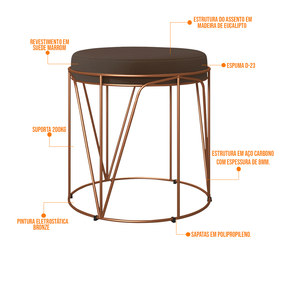 Kit 02 Puffs Decorativo Aramado Bronze Zaya L02 Suede Marrom - Lyam Decor