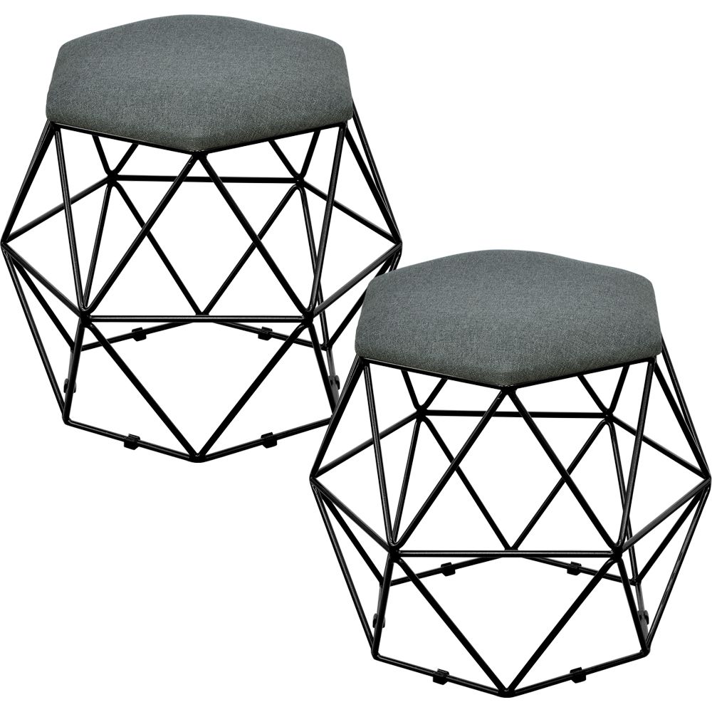 Kit 02 Puffs Decorativo Aramado Preto Six L02 Linho Chumbo - Lyam Decor