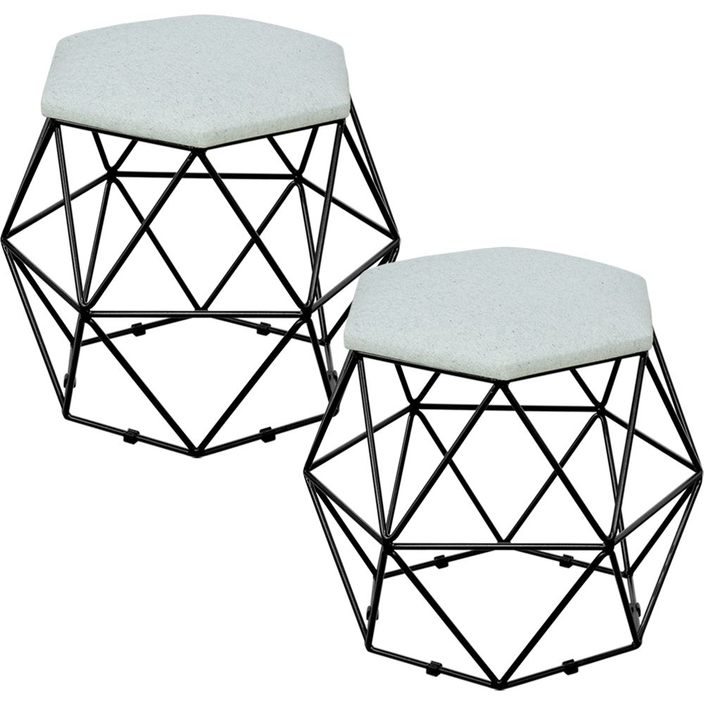Kit 02 Puffs Decorativo Aramado Preto Six L02 Linho Cinza - Lyam Decor
