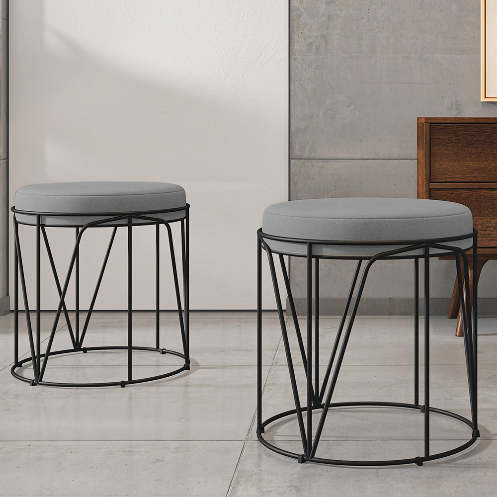Kit 02 Puffs Decorativo Aramado Preto Zaya L02 Corano Cinza - Lyam Decor