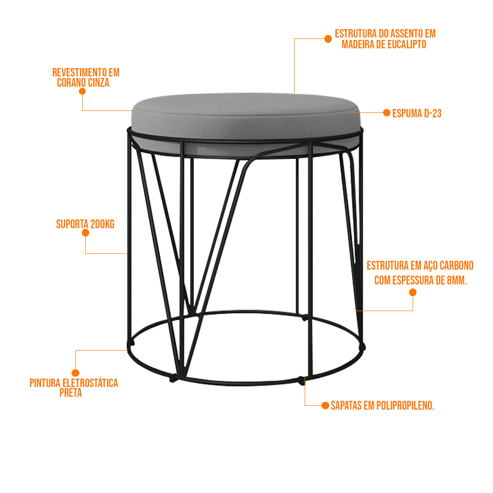 Kit 02 Puffs Decorativo Aramado Preto Zaya L02 Corano Cinza - Lyam Decor