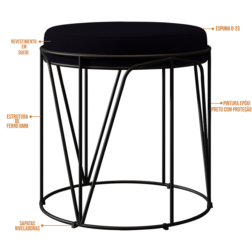Kit 02 Puffs Decorativo Aramado Preto Zaya L02 Suede Preto - Lyam Decor