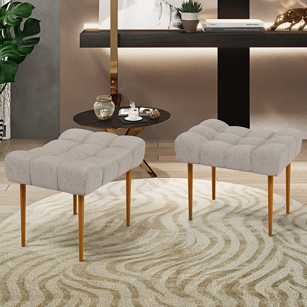 Kit 02 Puffs Decorativo Para Sala De Estar Requinte L02 Linho Bege - Lyam Decor