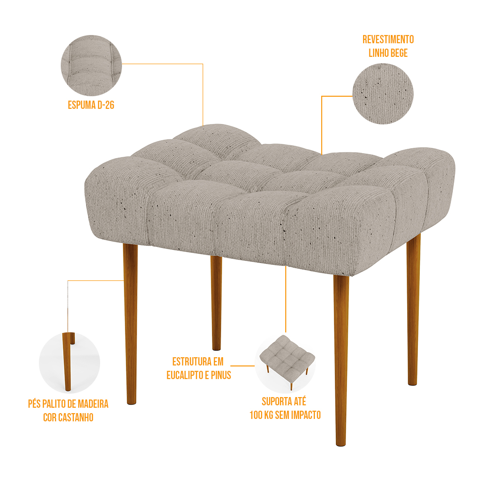 Kit 02 Puffs Decorativo Para Sala De Estar Requinte L02 Linho Bege - Lyam Decor