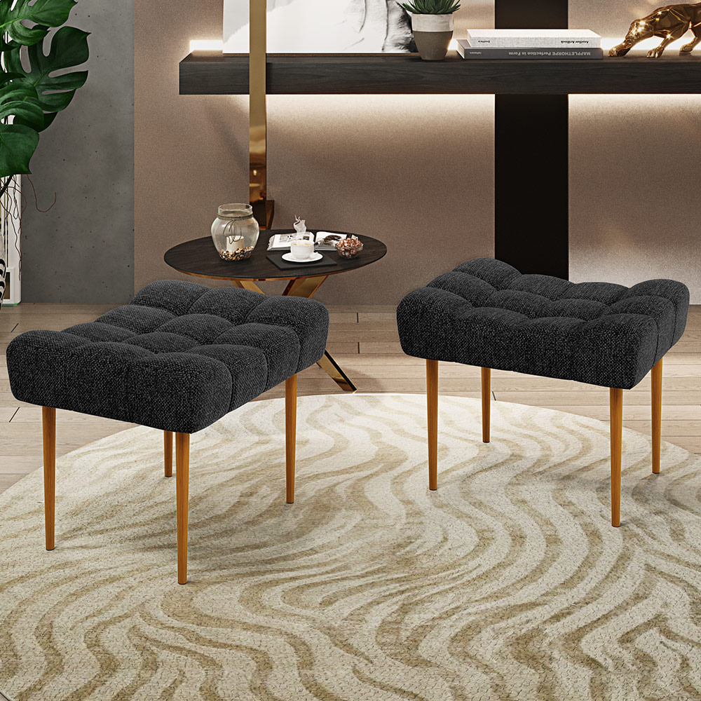 Kit 02 Puffs Decorativo Para Sala De Estar Requinte L02 Linho Chumbo - Lyam Decor