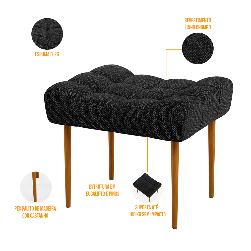 Kit 02 Puffs Decorativo Para Sala De Estar Requinte L02 Linho Chumbo - Lyam Decor