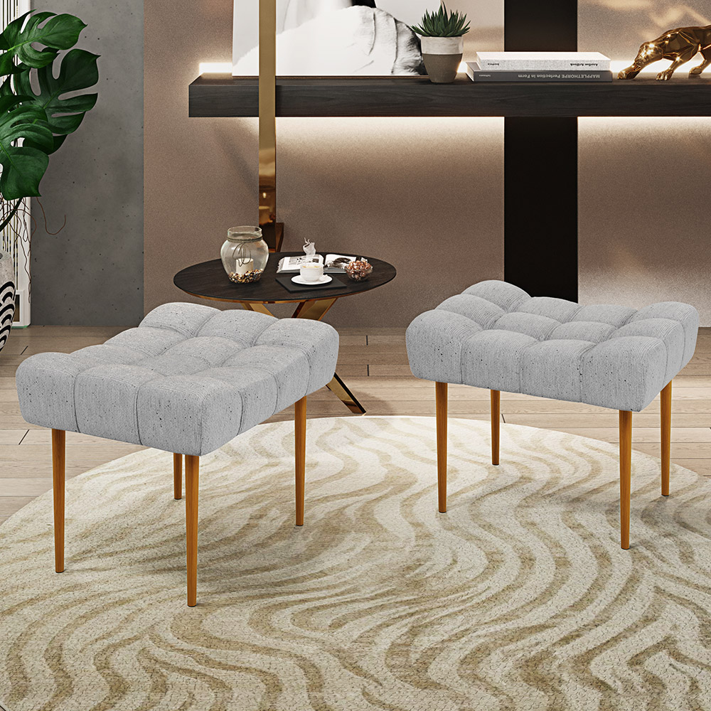 Kit 02 Puffs Decorativo Para Sala De Estar Requinte L02 Linho Cinza - Lyam Decor