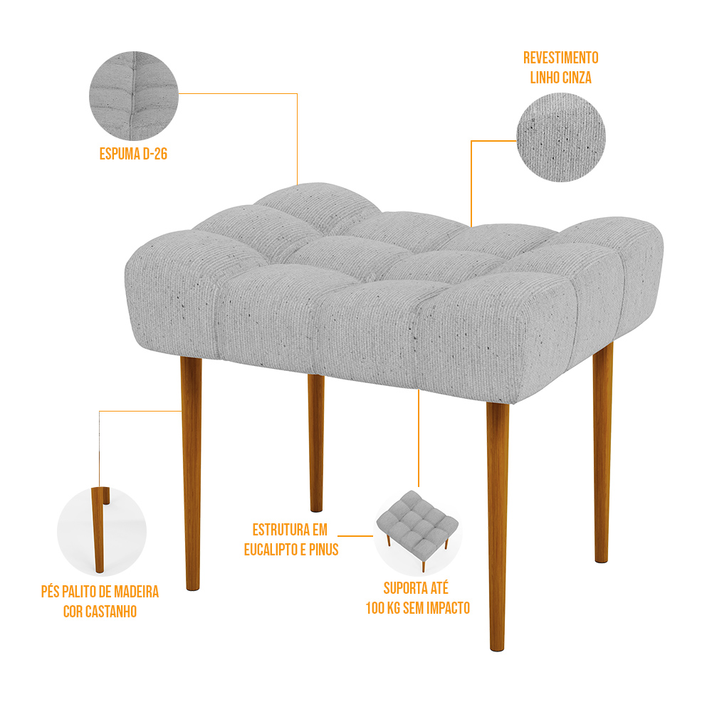 Kit 02 Puffs Decorativo Para Sala De Estar Requinte L02 Linho Cinza - Lyam Decor