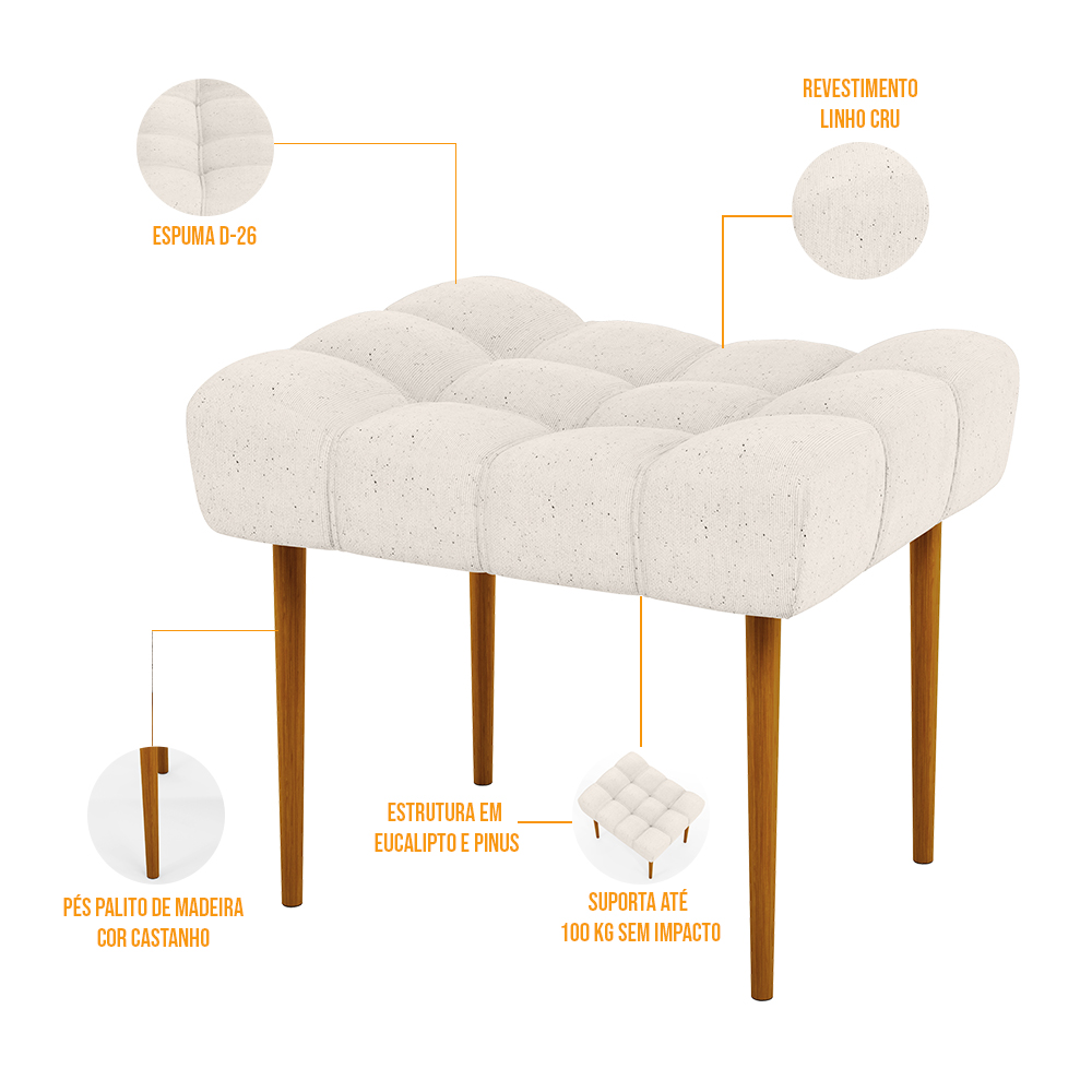 Kit 02 Puffs Decorativo Para Sala De Estar Requinte L02 Linho Cru - Lyam Decor