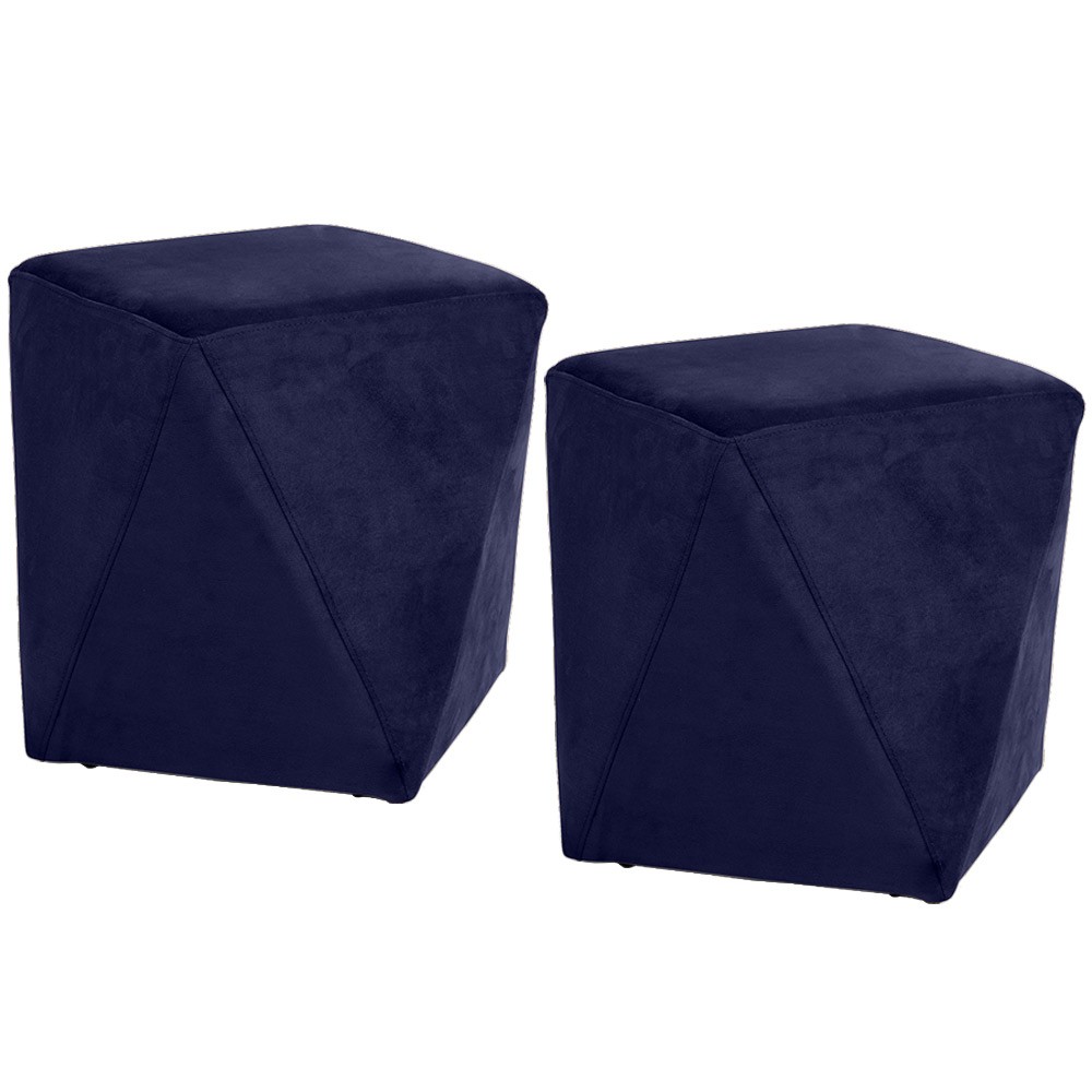 Kit 02 Puffs Decorativo Para Sala de Estar Ametista D02 Veludo Azul Marinho C-287 - Lyam Decor