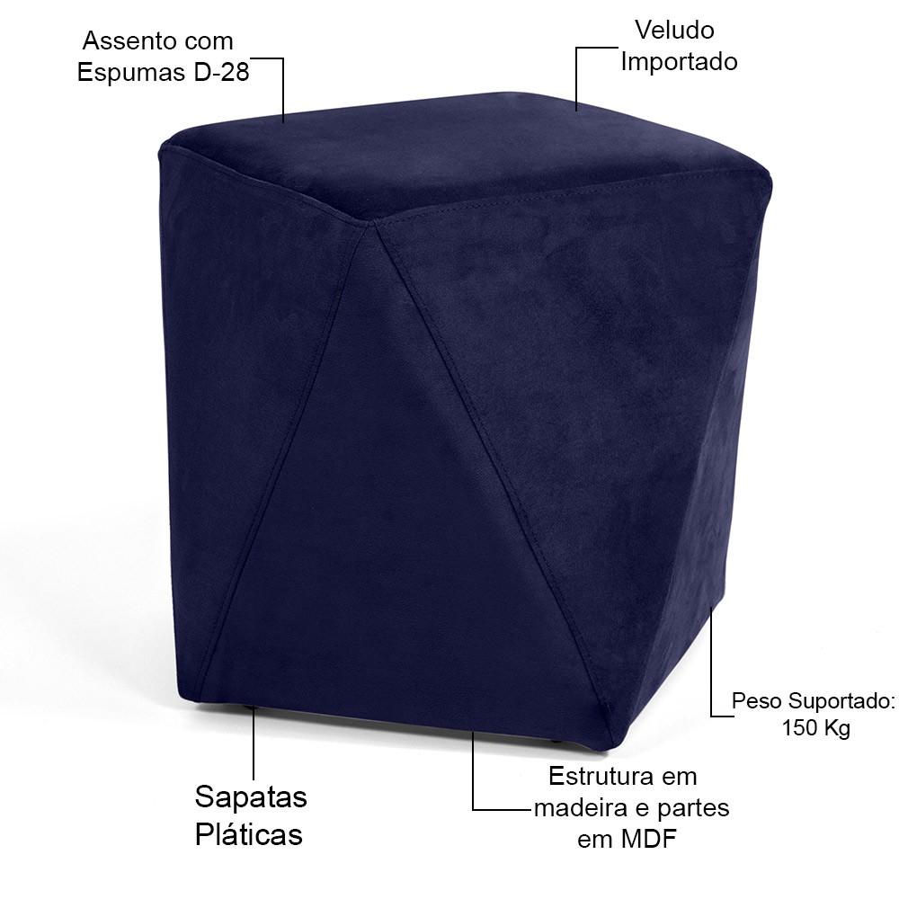 Kit 02 Puffs Decorativo Para Sala de Estar Ametista D02 Veludo Azul Marinho C-287 - Lyam Decor