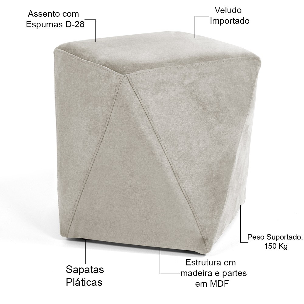 Kit 02 Puffs Decorativo Para Sala de Estar Ametista D02 Veludo Bege C-309 - Lyam Decor