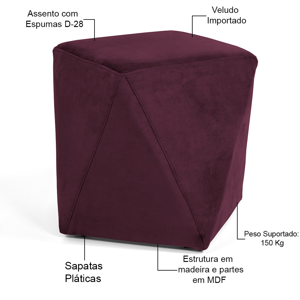 Kit 02 Puffs Decorativo Para Sala de Estar Ametista D02 Veludo Marsala C-278 - Lyam Decor