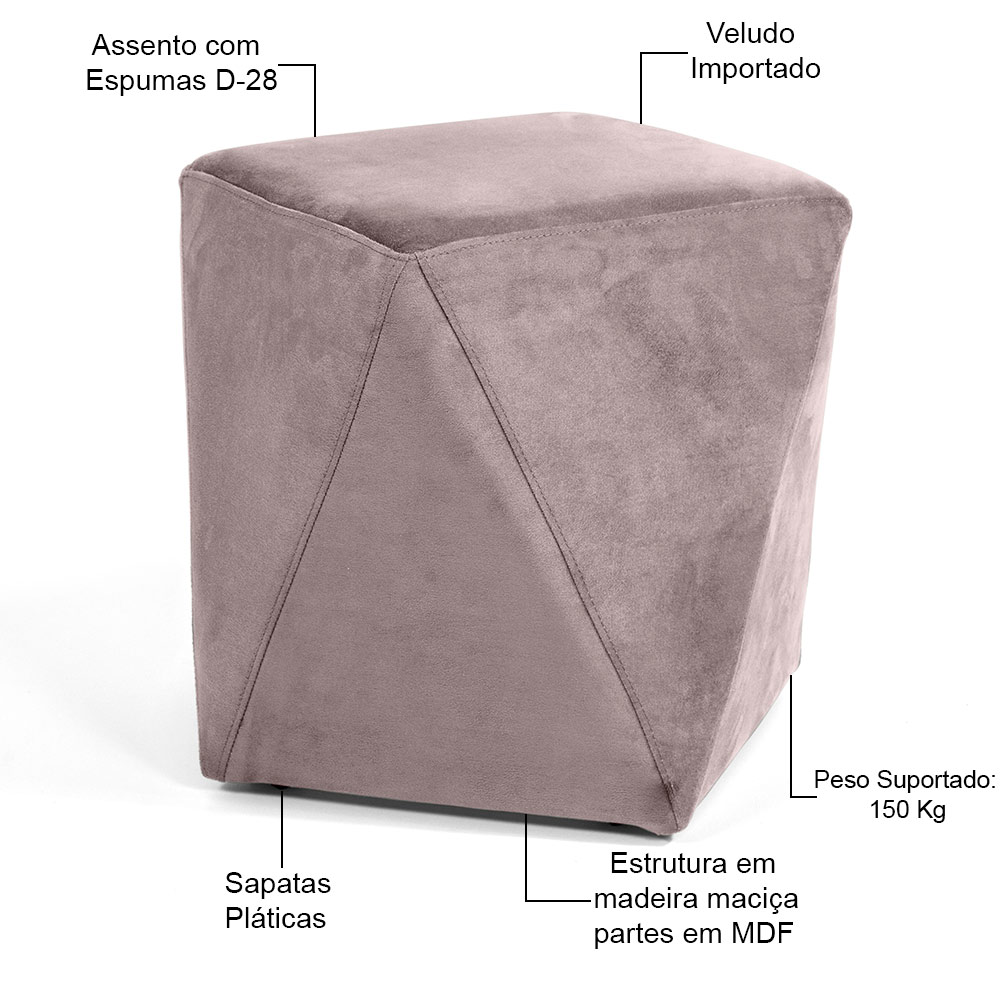 Kit 02 Puffs Decorativo Para Sala de Estar Ametista D02 Veludo Rosê C-305 - Lyam Decor