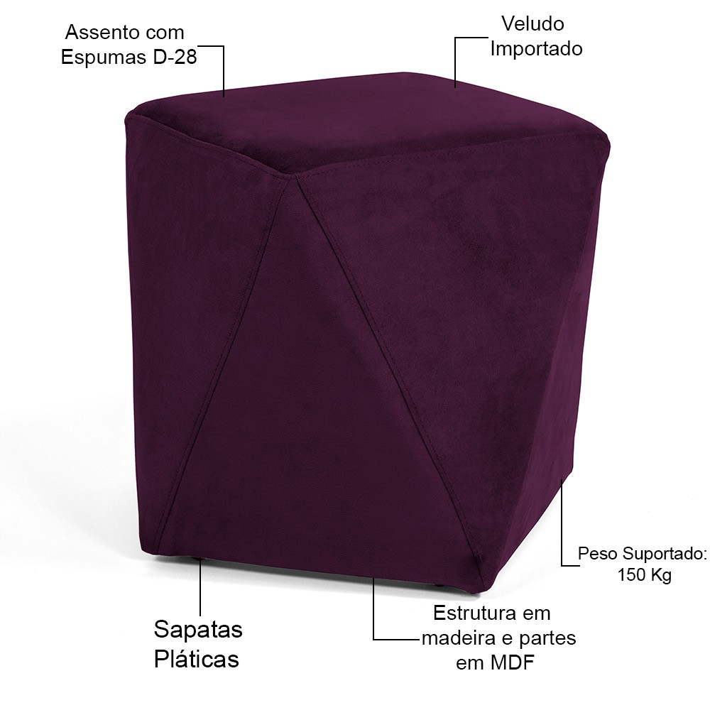 Kit 02 Puffs Decorativo Para Sala de Estar Ametista D02 Veludo Roxo Grape C-292 - Lyam Decor
