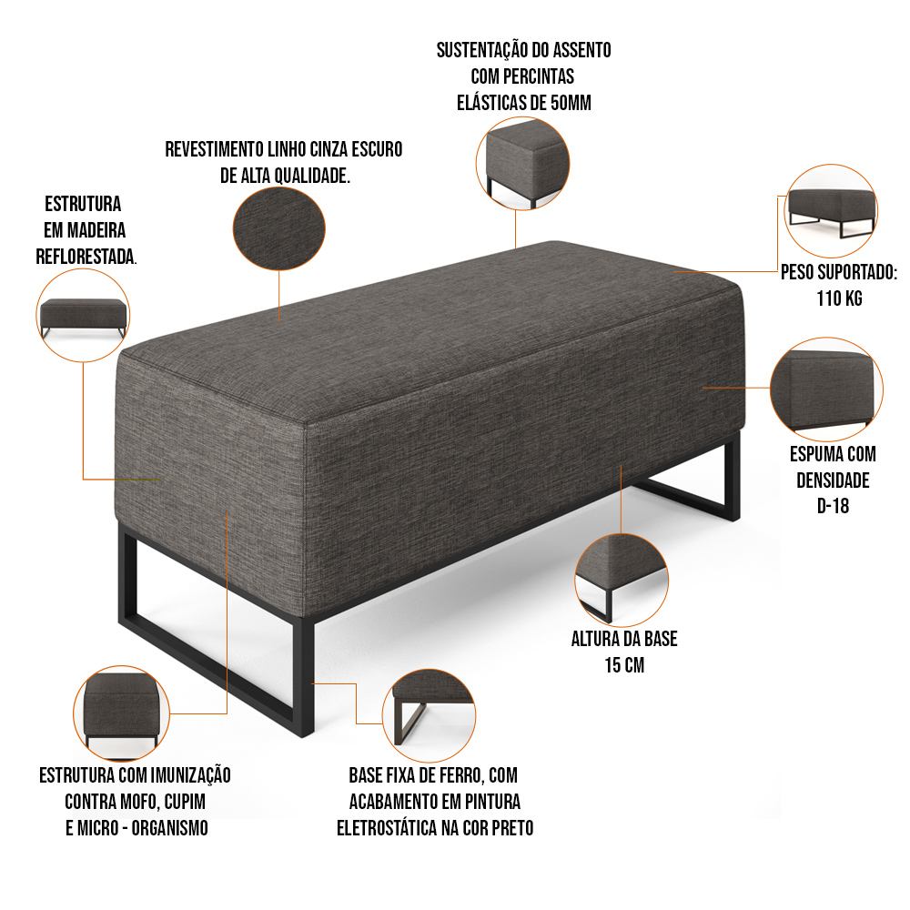 Kit 02 Puffs Decorativo Para Sala de Estar Cléo W01 Base Ferro 90 cm Linho Cinza Escuro - Lyam Decor