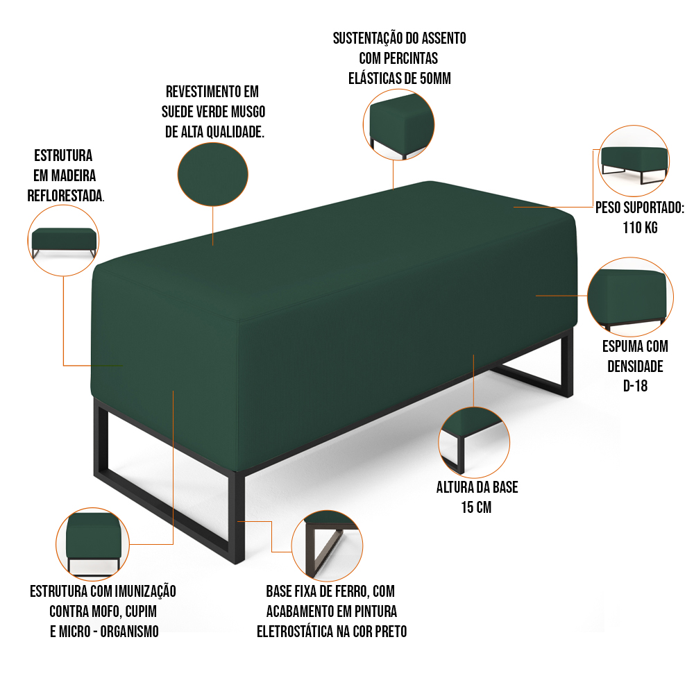 Kit 02 Puffs Decorativo Para Sala de Estar Cléo W01 Base Ferro 90 cm Suede Verde Musgo - Lyam Decor